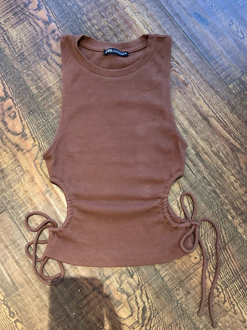 Zara Brown Ribbed Side-Tie Crop Tank